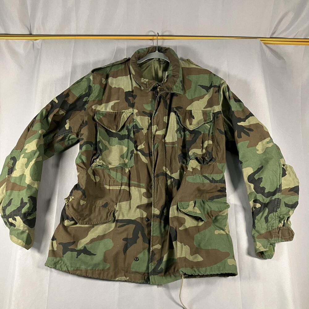 Vintage US Army Jacket Mens Medium Woodland Camo M65 Field Coat Cold Weather 80s
